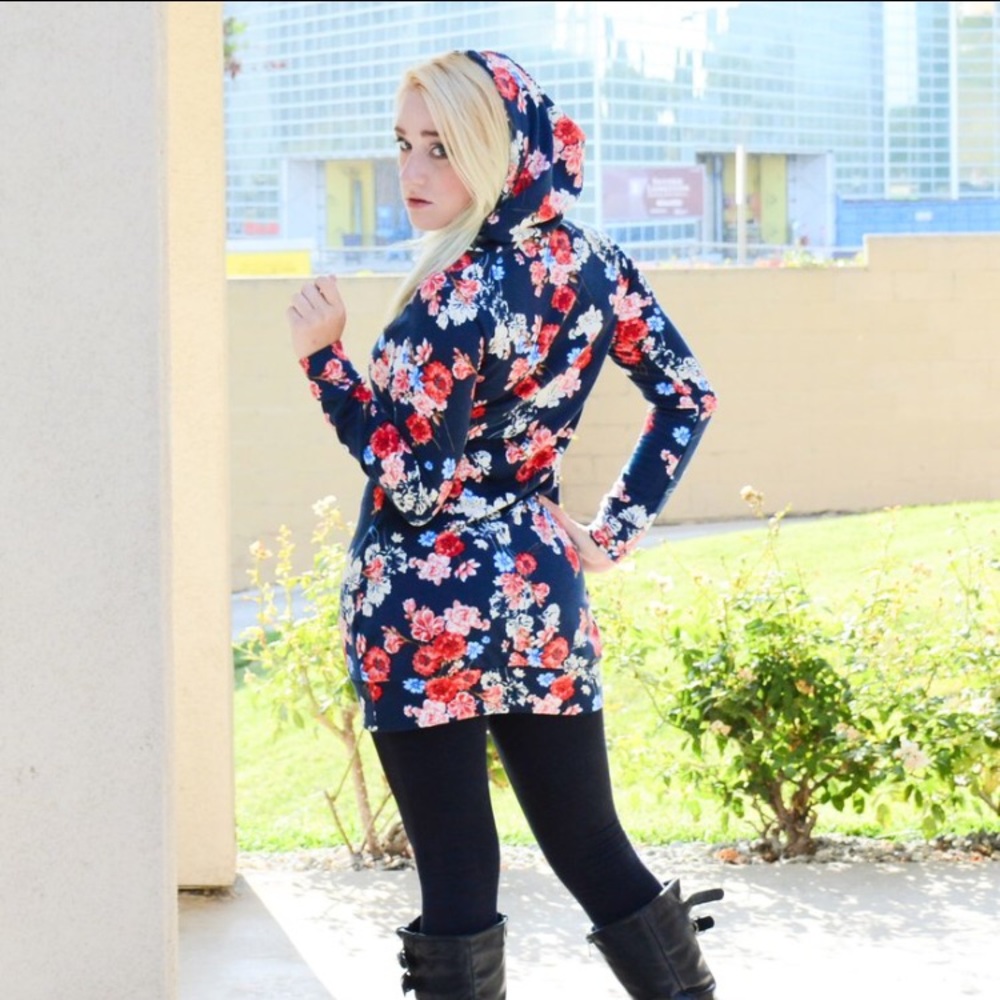 Long Snug Fit Navy Floral Hoodie - Picture 3 of 3